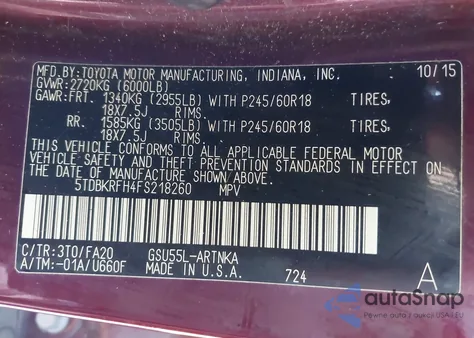 2015 Toyota Highlander Le Plus V6 from USA, damaged, VIN 5TDBKRFH4FS218260